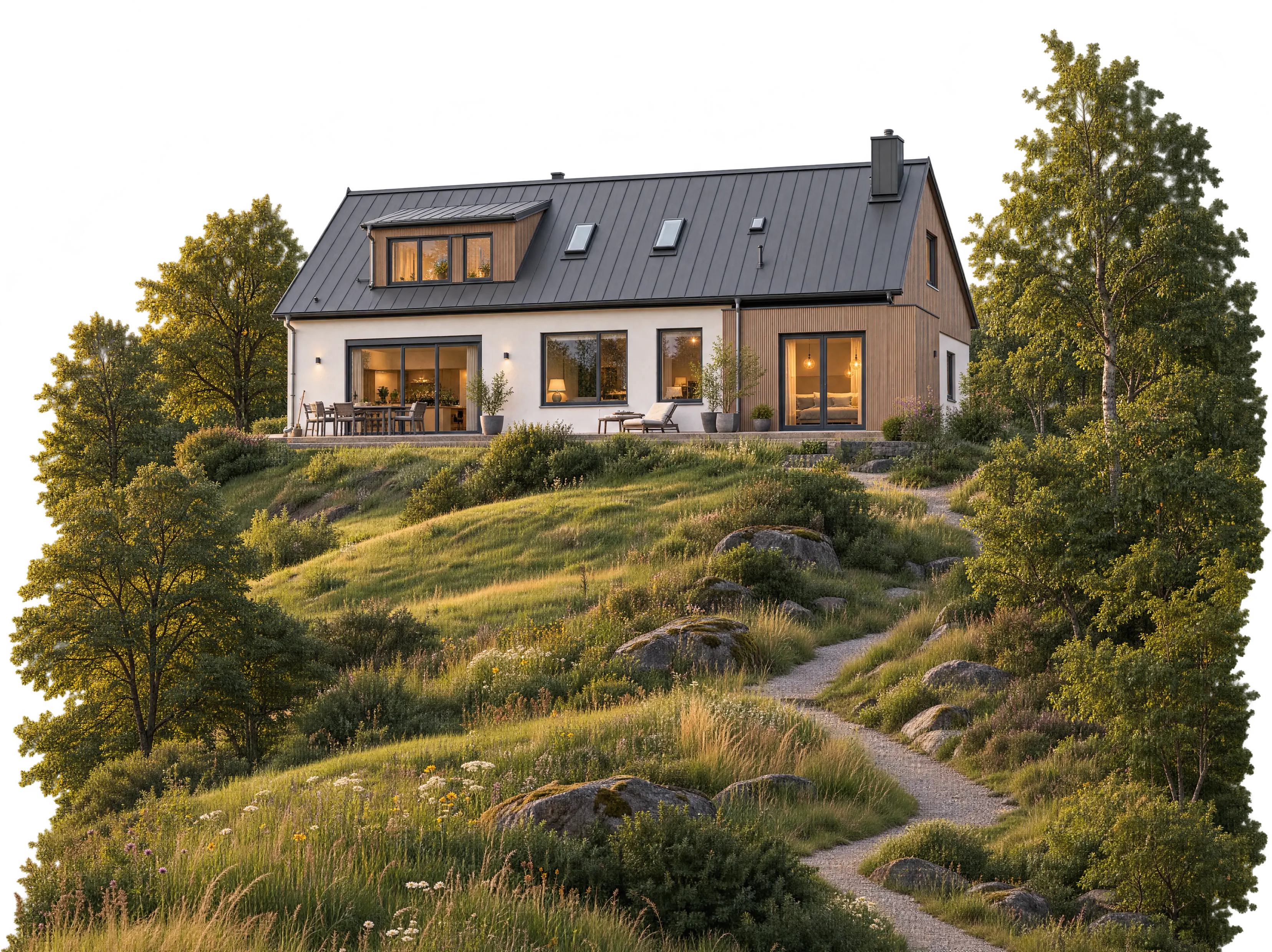 KI-generiertes Haus mit hellem Putz, Holzdetails und dunklem Satteldach auf einem bewaldeten Hang
